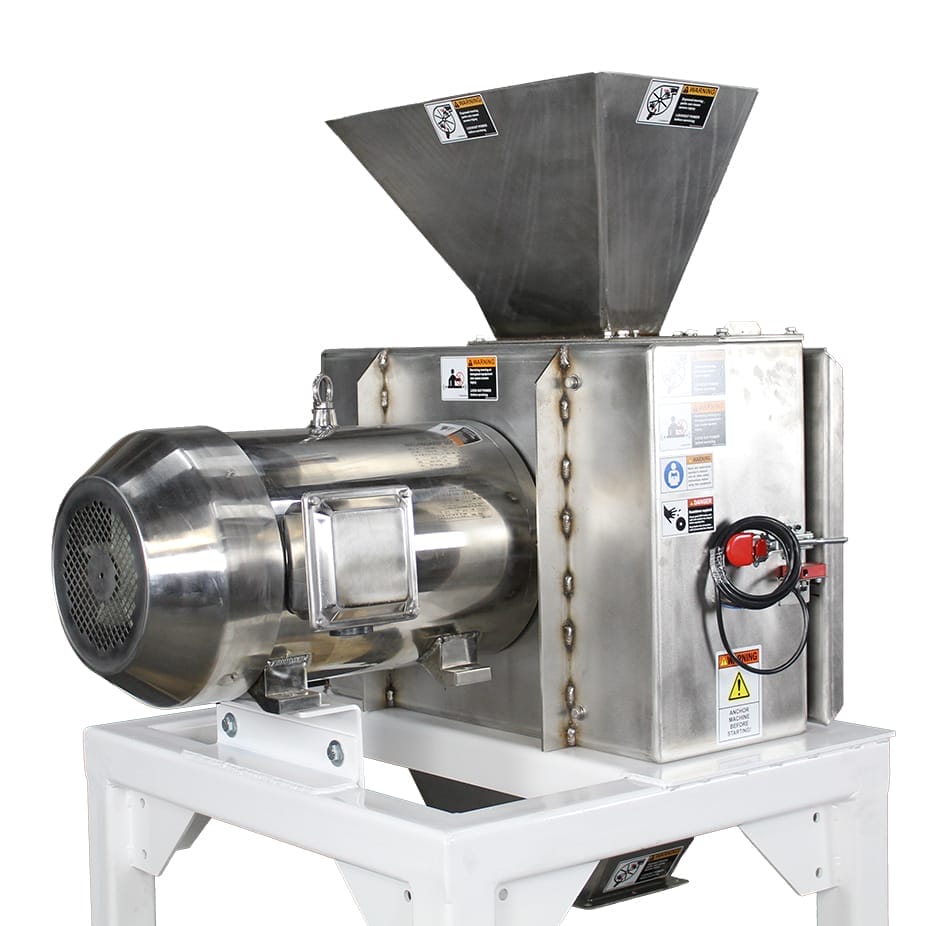 Close-up of 30HP Stainless Steel Hammermill featuring TEFC motor and safety vent system.