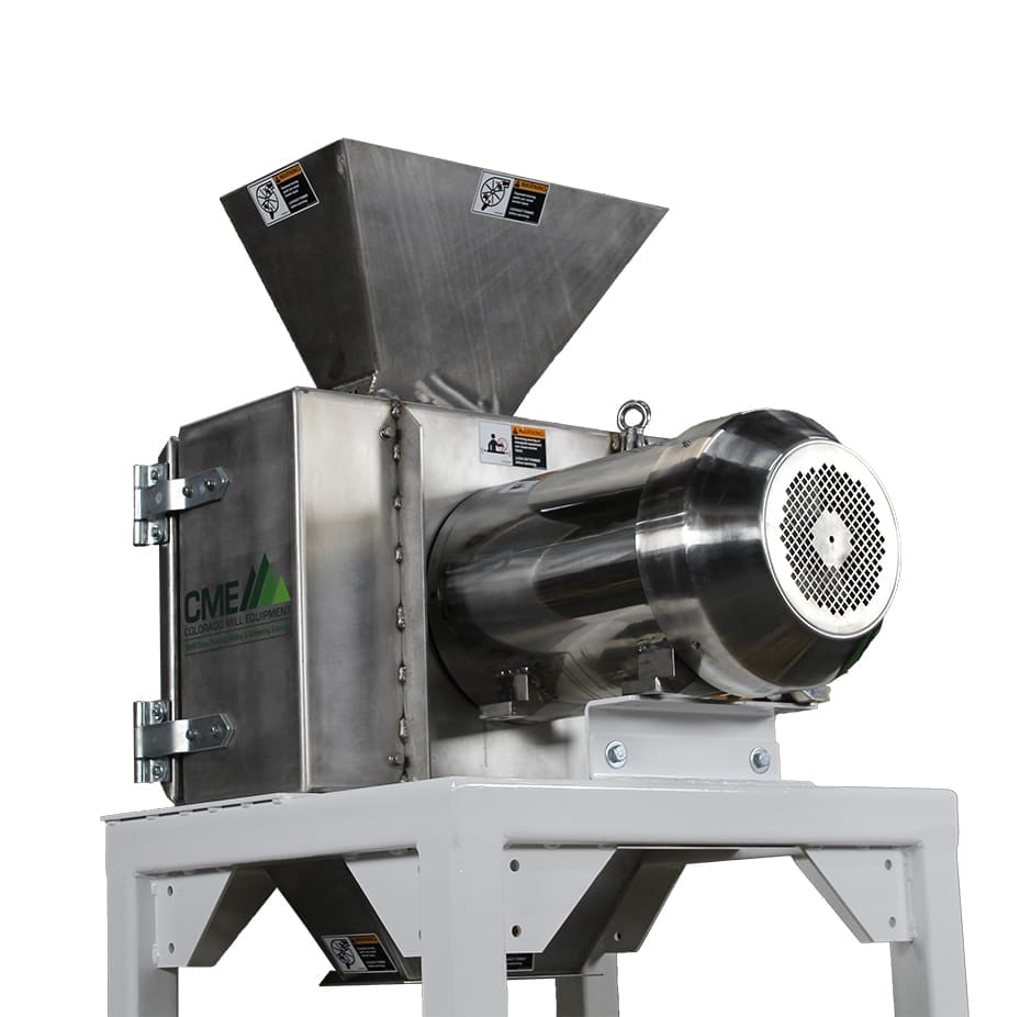 Angled rear-side view of MILL-HMS-VB30-SS 30HP Stainless Steel Hammermill showing motor housing, hopper intake, and heavy-duty frame.