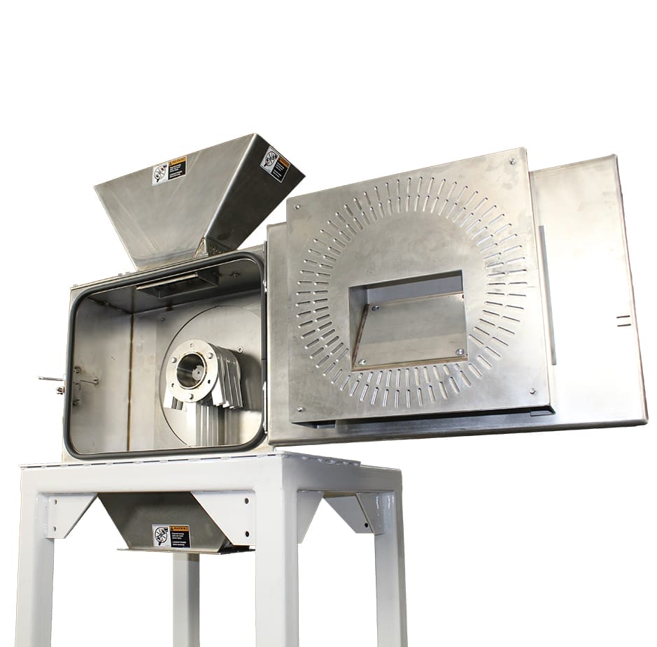 MILL-HMS-VB30-SS 30HP Stainless Steel Hammermill with open access door, revealing internal grinding chamber and rotor assembly.