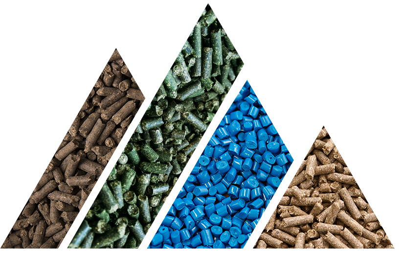 CME logo made of fertilizer pellets, alfalfa pellets, plastic pellets and biomass pellets