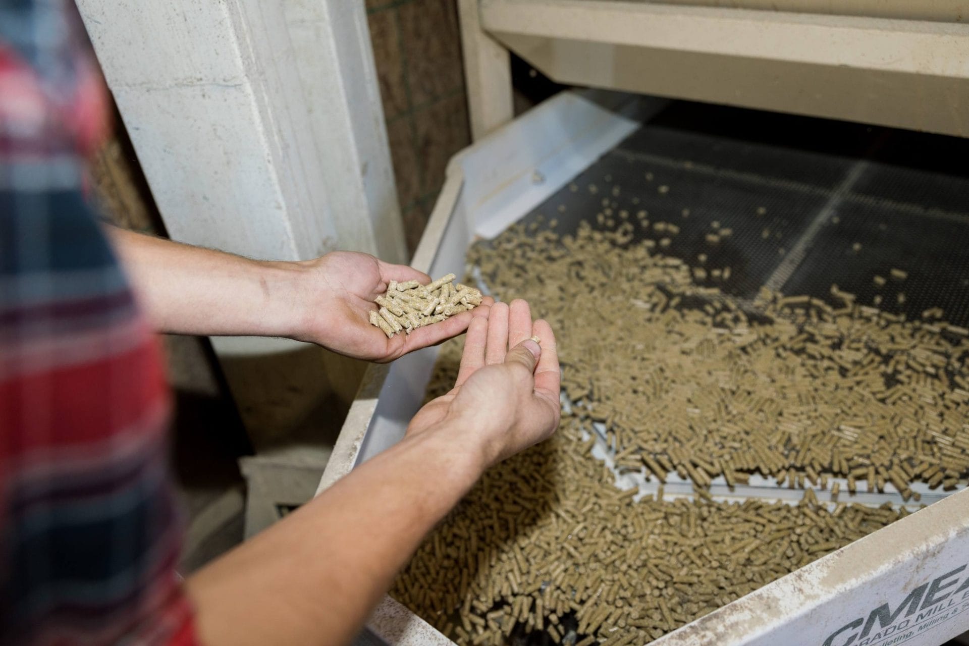 Farmer inspecting Animal Feed Pellets after running them through a CME screener